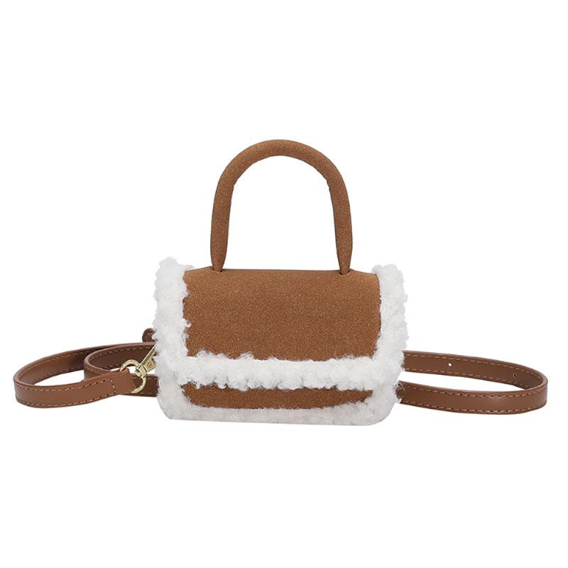 Mini Geantă Crossbody cu Aplicare Lână de Miel, Modă Coreeană, Suedeză Faux, Portabilă, Mică, Pătrată, Toamnă Iarnă, Femei, Nouă Textură, Geantă de Mână