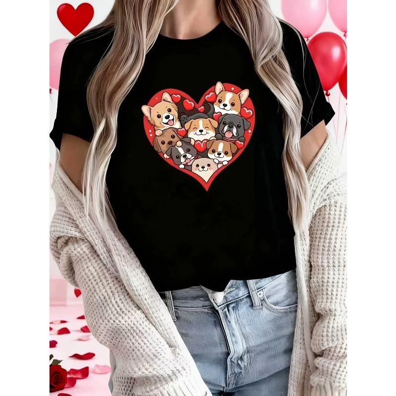 

European Size Valentine S Day Dog Print Women S T-Shirt | Casual Short Sleeve, Slight Stretch Fabric, Ideal for Spring/Summer 4XL