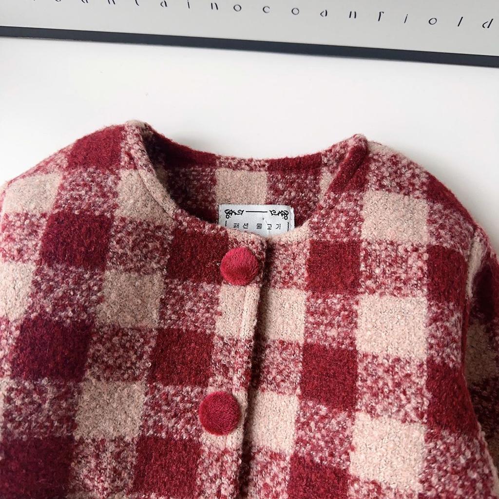 Girls' Mori Style Plaid Wool Coat & Vest Dress Winter Set