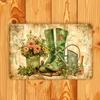 Vintage Green Rain Boots Floral Metal Wall Art Sign Rustic Tin Decor For Garden Home