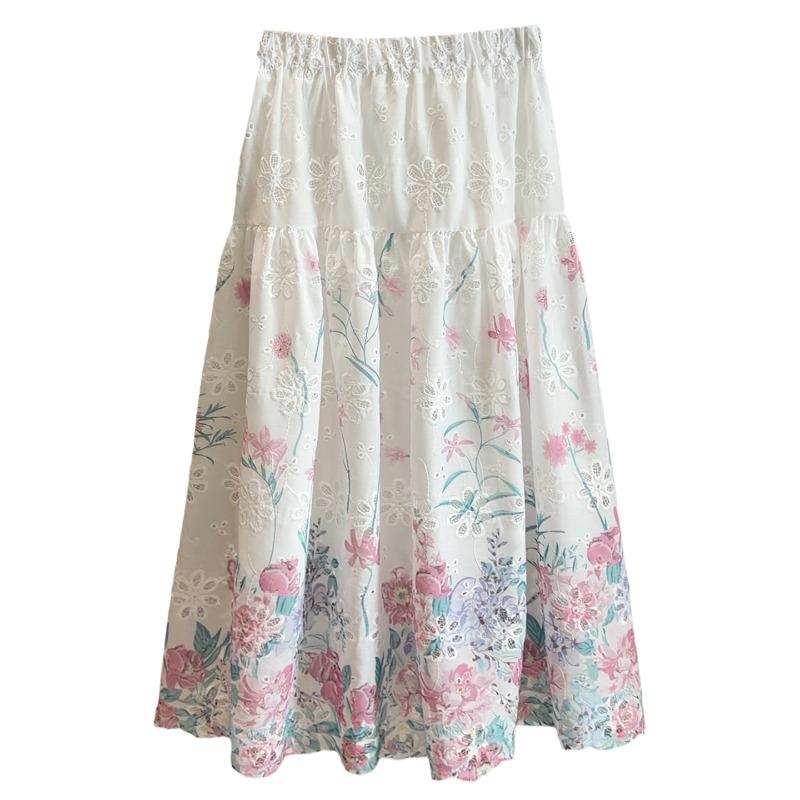 Heavy Industry Embroidery Hollow Flower Skirt Women's Spring and Autumn New Casual Versatile A-line Large Swing Midi Skirt