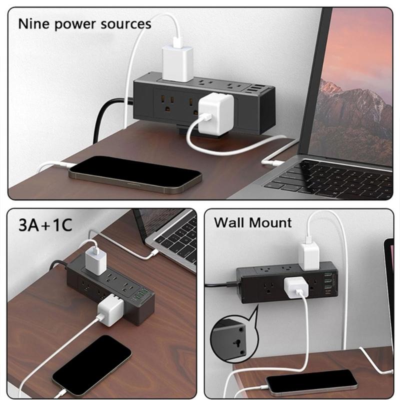 Desk Edges Mount Power Strips with 6 Outlets & 4 Fast Charging USB Port Tabletop Surges Protector Desk Clamps Power Socket