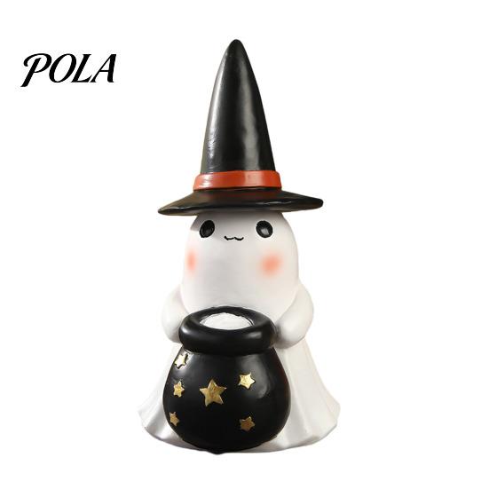 Halloween Witch Hat Decoration Ghost Night Light, Resin Figurine with Glowing Pumpkin Bucket, Warm Cozy Autumn Room Accents LED Amber Lamp, Farmhouse