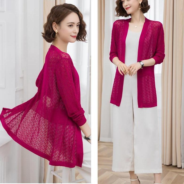 Summer Women's Knitted Jacket Solid Color Cutout Open Front Knitted Cardigan Thin Sunscreen Shawl