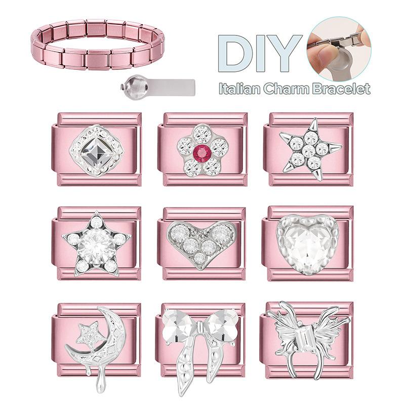 Romantic Y2K Heart Star Moon Flower Zircon Pink Color Italian Charm Links Fit 9MM Stainless Steel Bracelet DIY Making Gift