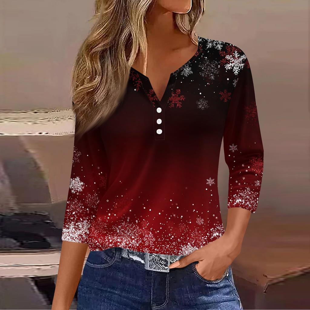 Women's Fashion Casual Christmas Tree Print V-Neck Decorative Button Three-Quarter Sleeve T-Shirt Top