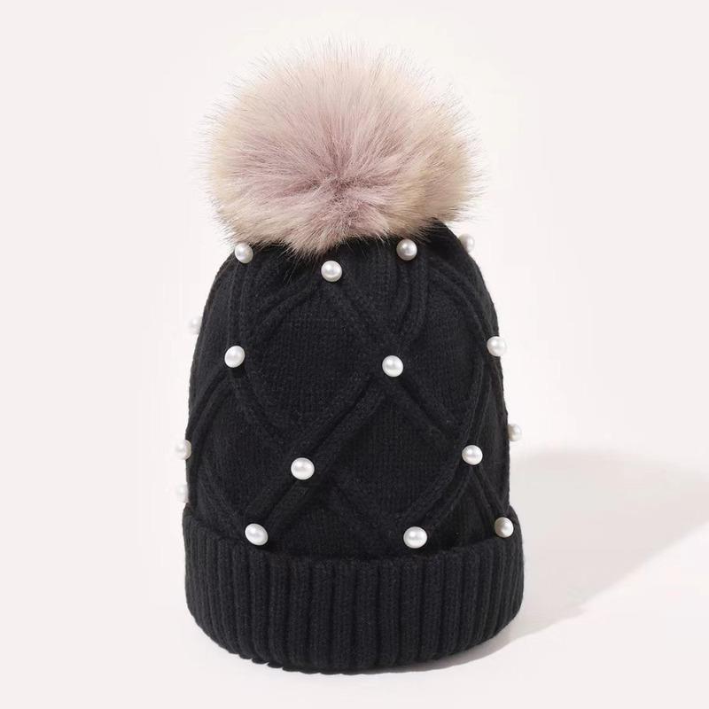 Cute with Diamond Knitted Hat Thick Flannel Warm Large Woolen Ball Cold Hat Folded Edge Solid Color Women's Hat Winter