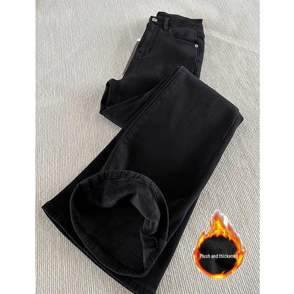Women's Black High Waist Micro Flare Velvet Jeans - Autumn/Winter 2025, Slimming Elastic Wide Leg Pants.
