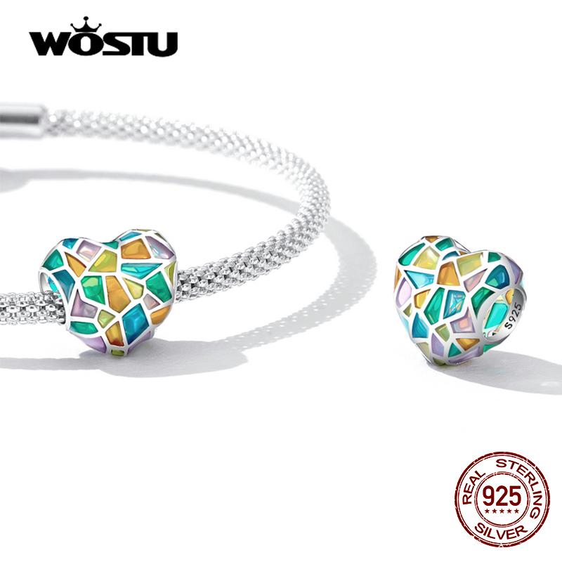 WOSTU Perlina con ciondolo a forma di cuore con finestra colorata in argento sterling 925 per donna, adatta per gioielli originali con collana fai da te