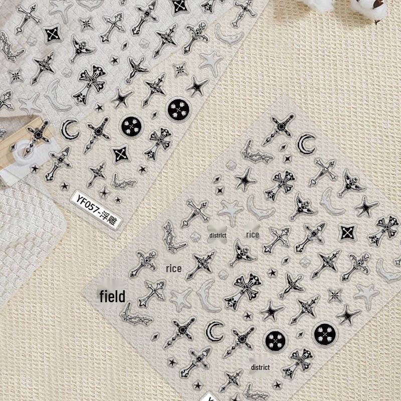 New Gothic Chrome Heart and Cross Nail Stickers: European & American Embossed Black and White Design