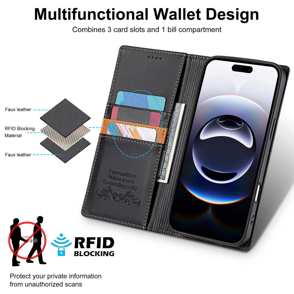 iPhone 17 Pro Max Anti-Theft Magnetic Flip Wallet Case with Card Slot and Stand