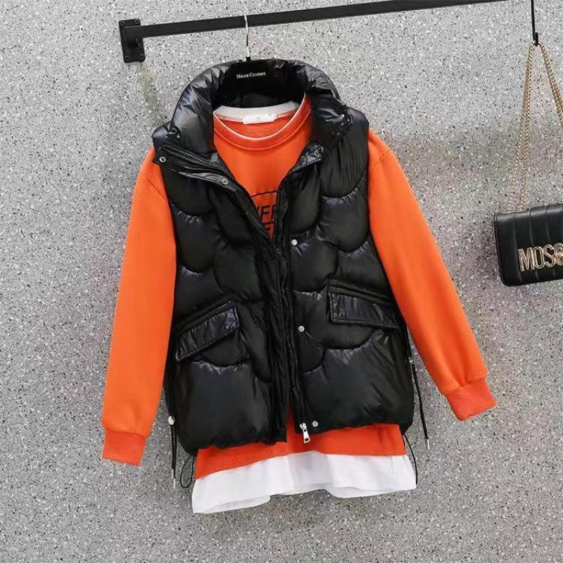 Damen Cropped Puffer Baumwollweste mit lockerer gepolsterter Kapuze Solides Oberteil