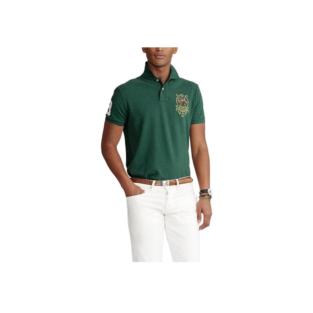 Polo Ralph Lauren Logo Vyšívané Ležérní Pletené Polo Tričko s Krátkým Rukávem Pánské Polo Trička Tmavě Zelená 710807546-005