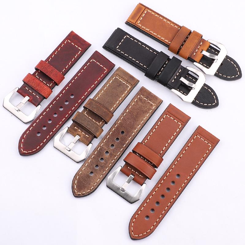 Watchband Handmade Leather Watch Strap Band Retro Cowhide Design In Black Brown Red Fits 22mm 24mm Watches Buckle Fastening Watchbands