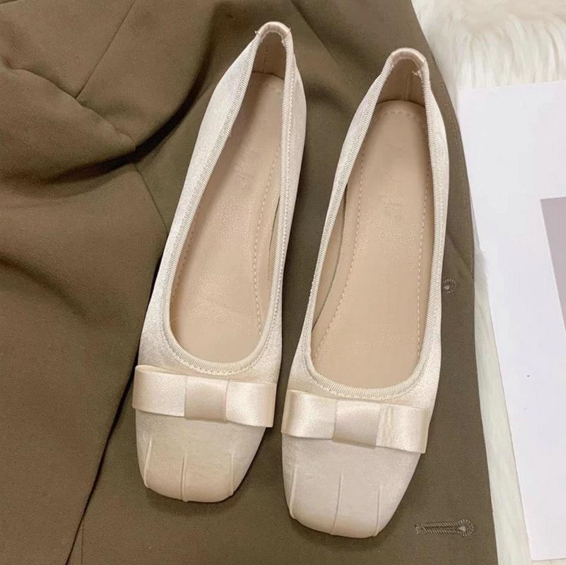 Fashion Flat Shoes for Women Spring  Autumn 2024 New Square Toe Silk Shallow Bow  Scoop Shoes Large Size 42 43 44  Ladies Shoes Women