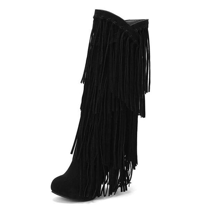 High-Heeled V Mouth Fringed Women's Boots Round Toe 10cm Square Heel High Tube Boots Fashion Sexy Flock Women Shoes Size 34-39