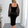Women's Fashion Spring Fall Solid Color Print Long Sleeve V-Neck High Waist Casual Dresses