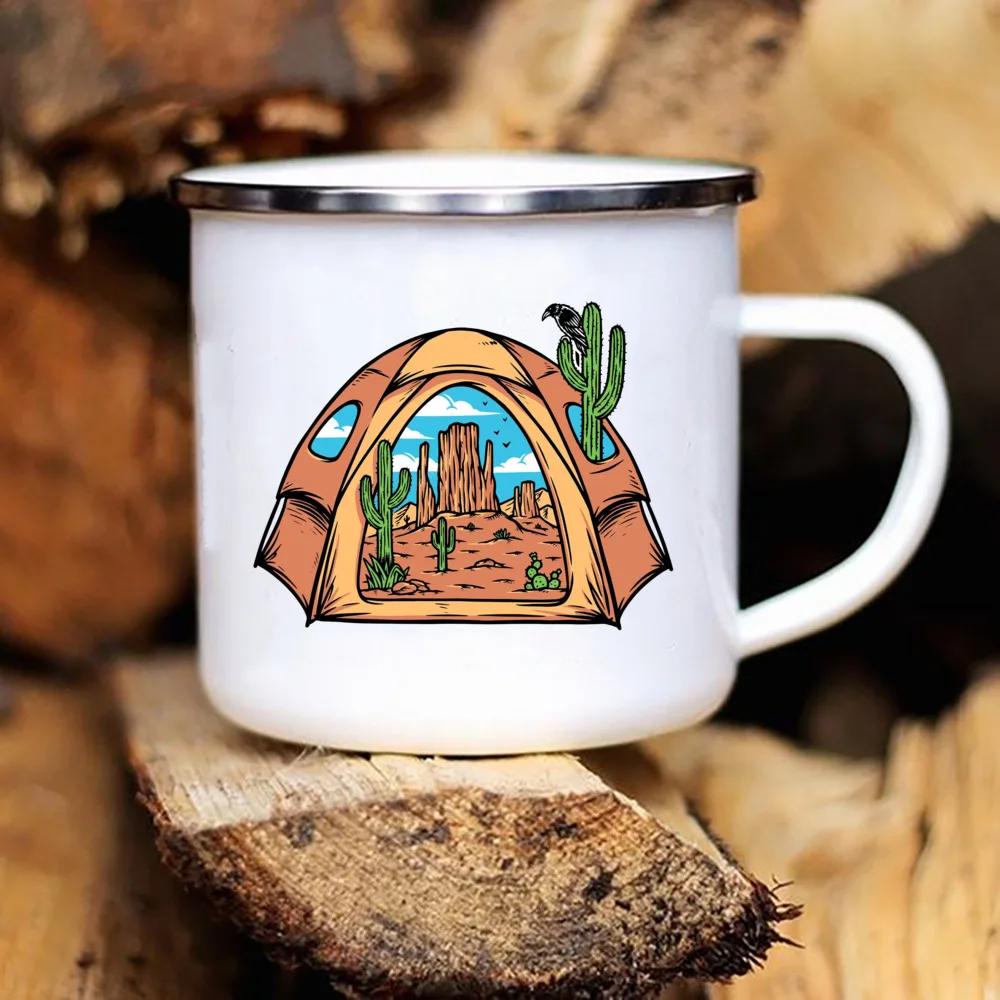 Touring Enamel Mug Caravan Printed Camper Mugs Camping Enamel Mug Adventure Campfire Party Beer Juice Cup Gifts for Camper