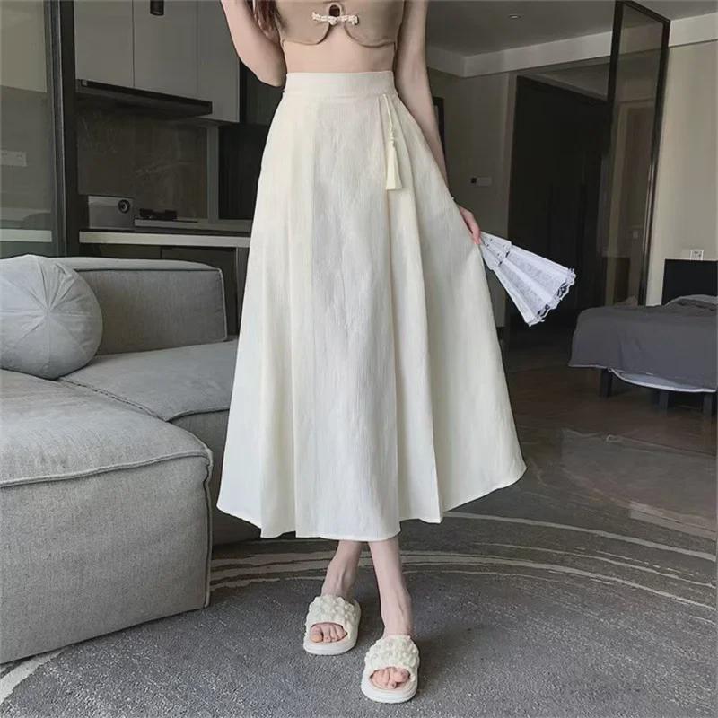 Fustă Jacquard de Damă Stil Chinezesc Nou: Primăvară/Toamnă, Talie înaltă elastică, Drapat A-line plisat, Lungime medie/lungă.