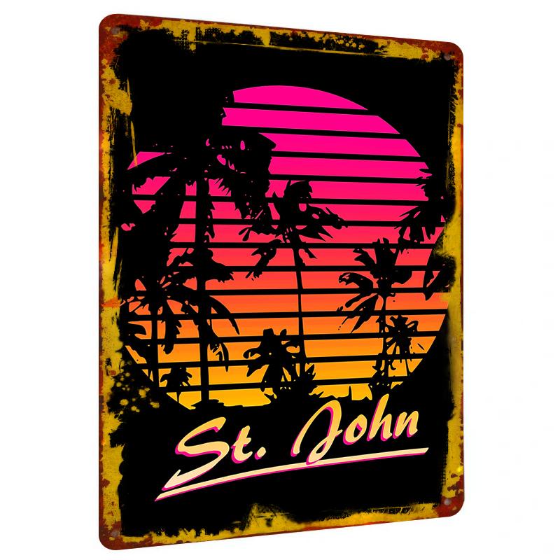 

St John Retro Sunset Palm Tree Metal Wall Art Tropical Beach Decor for Home Office Outdoor 20x30cm（7.8x11.8inch）