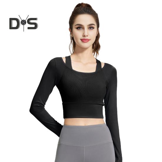 

Женский прозрачный сетчатый поддельный двухкомпонентный укороченный топ облегающего кроя с длинными рукавами, топы для тренировок, майки с подкладкой для занятий йогой и фитнесом M чёрный