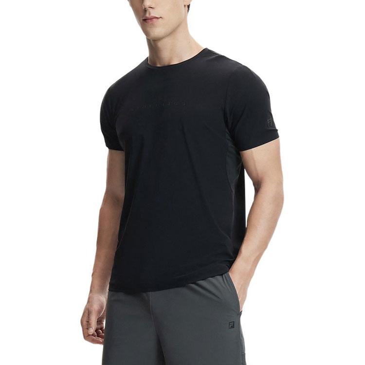 FILA Fitness Series Printed Letter Knitted Solid Color Straight Cut Round Neck Short Sleeve Breathable T-Shirt Men T-Shirts Deep-Black A11M421119FBK