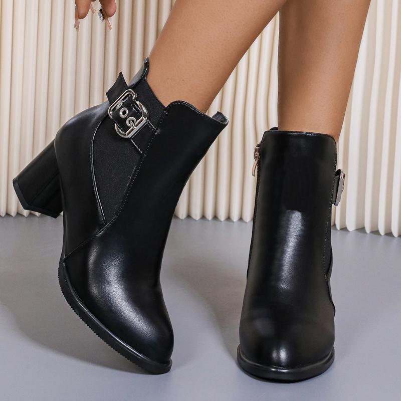Fashion 2024 Women Zip Metal Decoration Boots Women Square Heel Solid Warm Pointed Toe Fashion Boots Women Platform Comfortable Boots