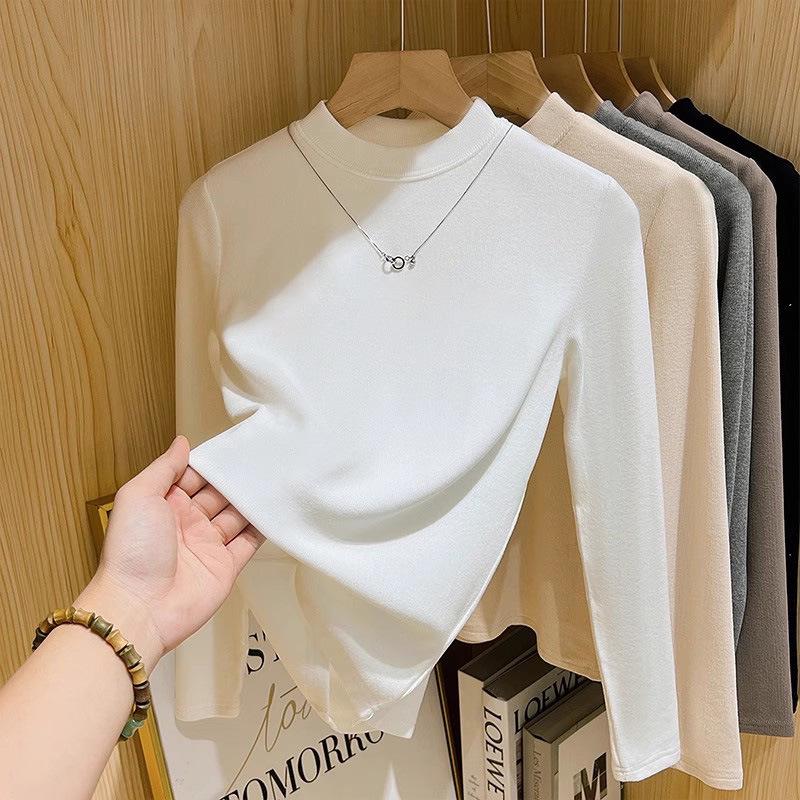 Women's Long-Sleeve Casual T-Shirt - Stylish Thick Warmth, Half-High Collar for Autumn/Winter 2026 Trend