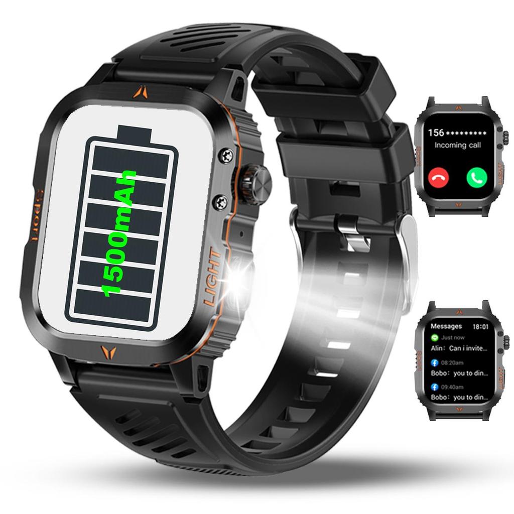 Odolné a trvanlivé Vojenské chytré hodinky 1500mAh baterie 30denní Blouetooth Hovor multifunkčnost,LED svítilna 150sportovních režimů Android iPhone.