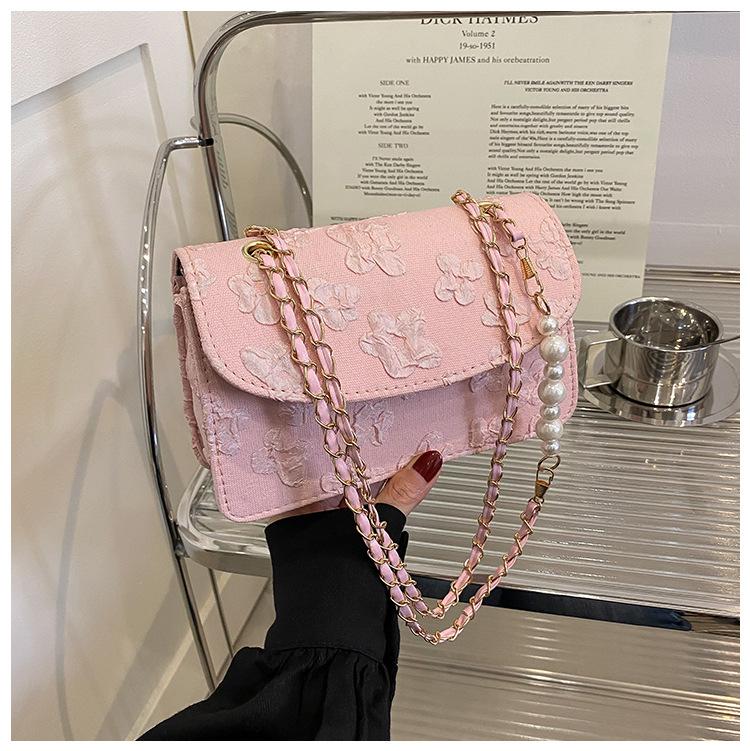 2025 New Women's Bag Flow Fashion Pearl Handbag Silk Printed Small Square Bag Chain Shoulder Messenger Bag