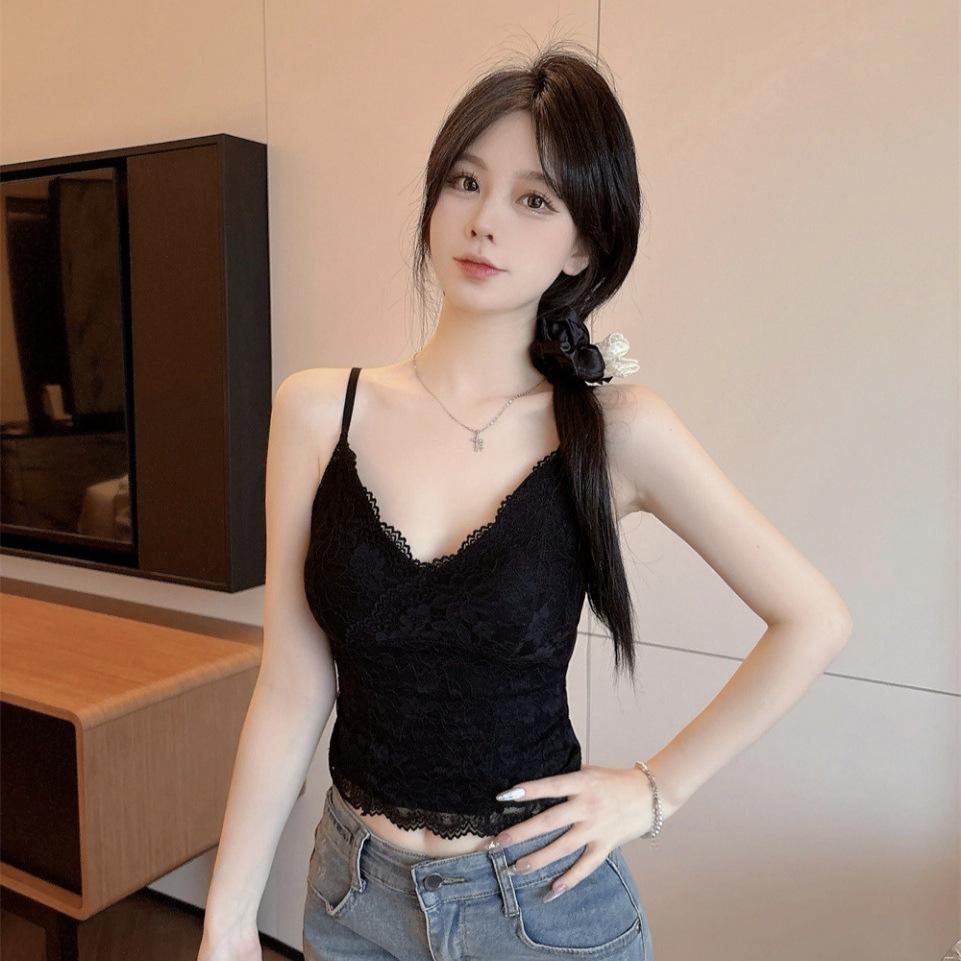 #Summer new casual style V-neck lace dispensing splicing ice silk vest female slim fixing belt chest pad