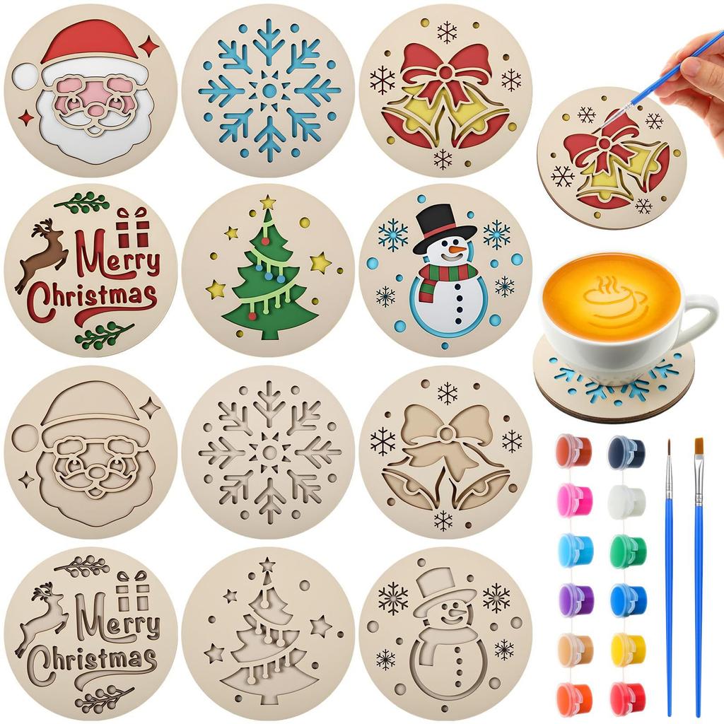 12 Pack Christmas Round Wooden Drink, Natural Wood for Holiday Home and Table Decor