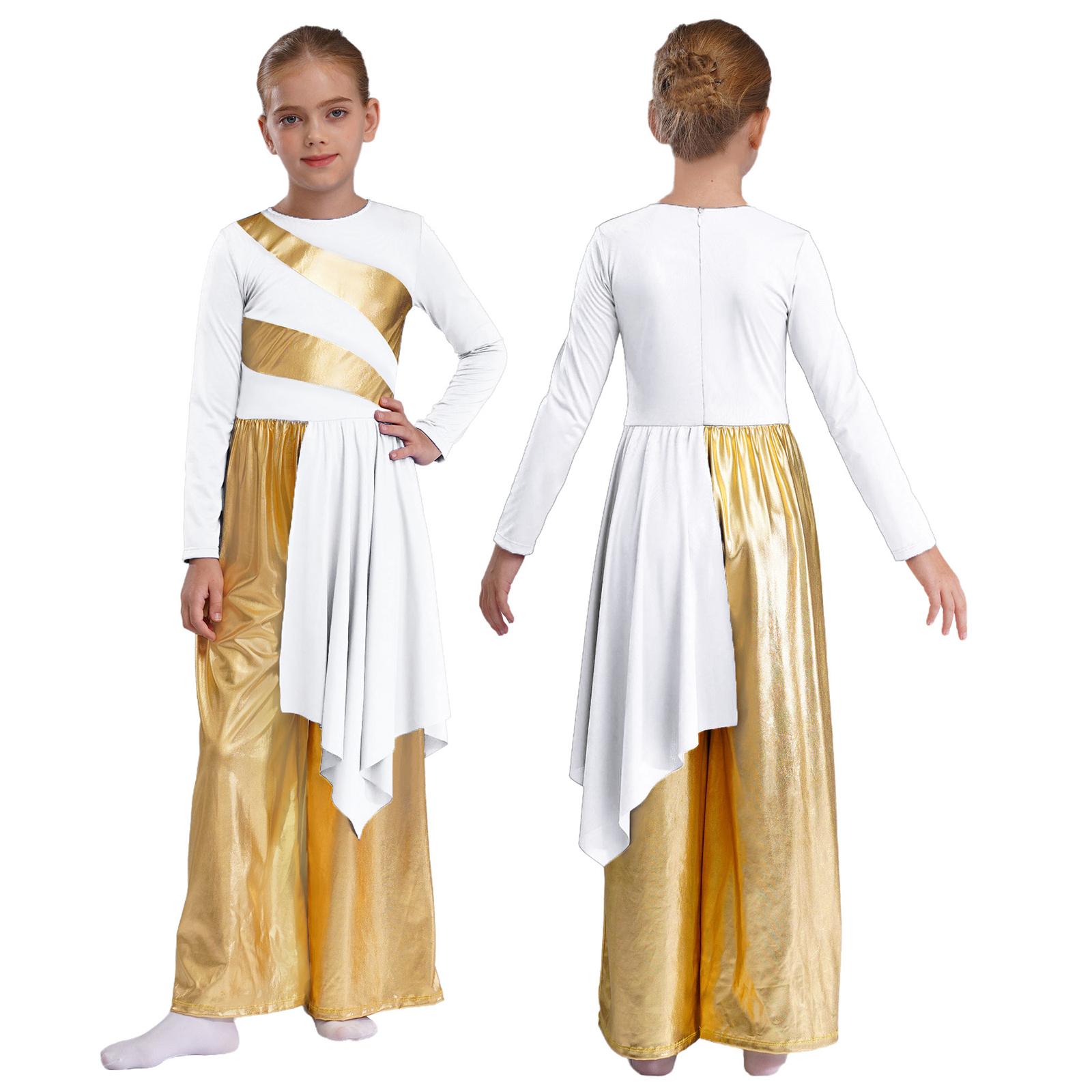 

Дитячий одяг для дівчаток, літургійний танцювальний одяг, металевий кольоровий блок, асиметричний драпірований широкий костюм для хору 5-6 Years синій