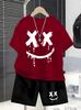 Boys' Simple and Cool XX Happy Face Print Set for Summer -Short Sleeve T-Shirt  Shorts 2-piece Set for Casual and Versatile Wear