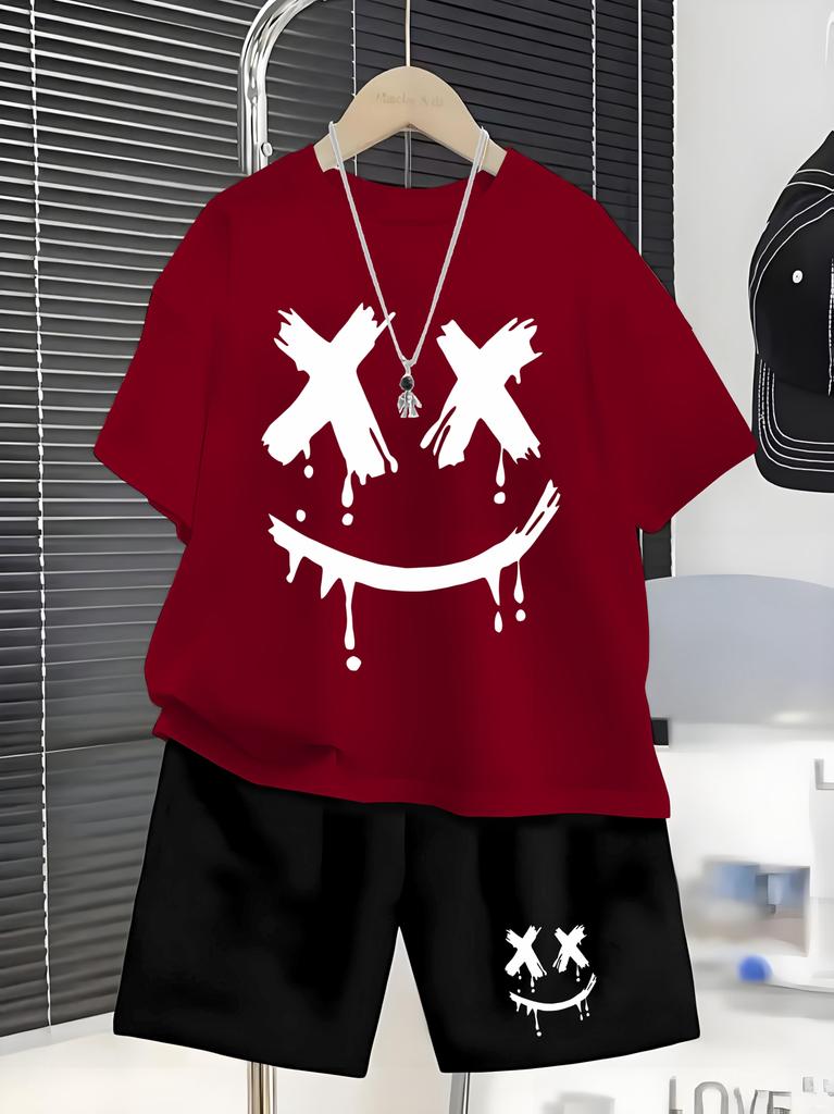Boys' Simple and Cool XX Happy Face Print Set for Summer -Short Sleeve T-Shirt Shorts 2-piece Set for Casual and Versatile Wear