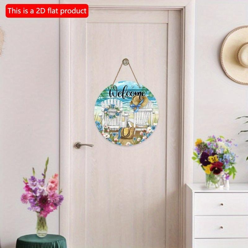 2D Flat 20*20cm1pc Welcome Seaside Vacation Travel Scene Blue wreath&Recliner Patterns Front Door Sign, Summer Door&Pediment&Holiday Hotel&Beach