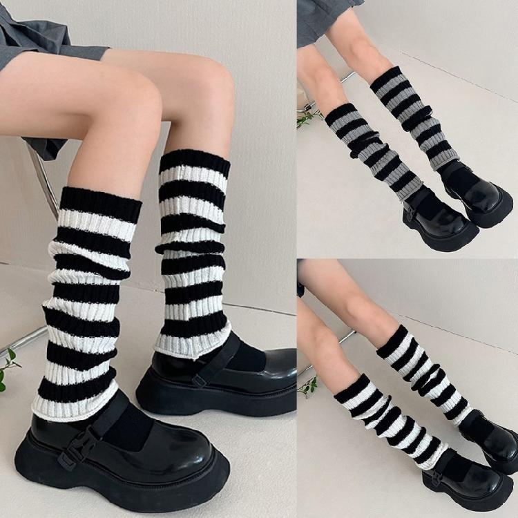Harajuku Damen Student Gestreifte Beinwärmer Gerippt Gestrickt Dehnbar Kniehohe Socken