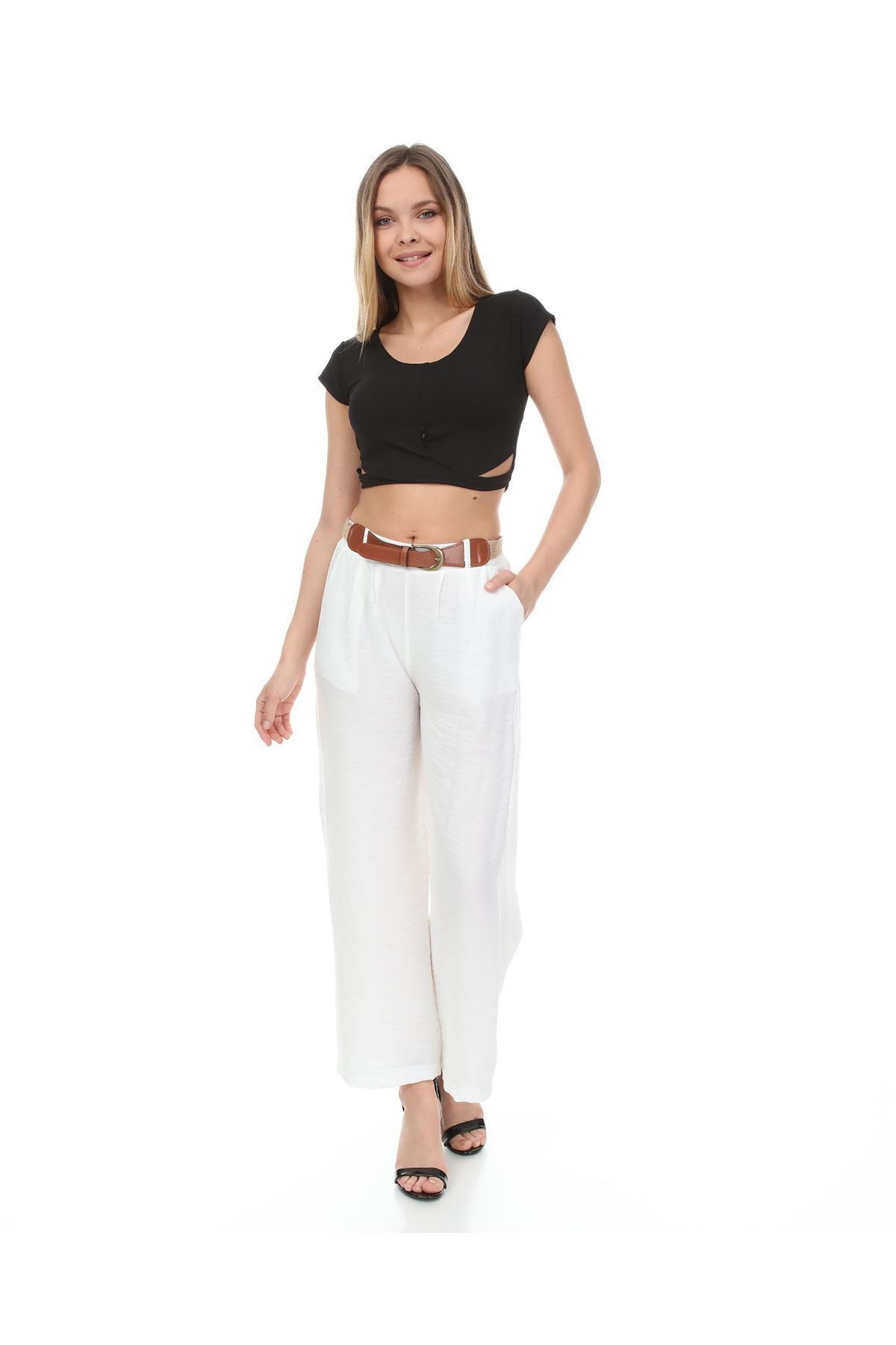 

Женские стильные брюки больших размеров, широкие белые брюки с поясом на талии M