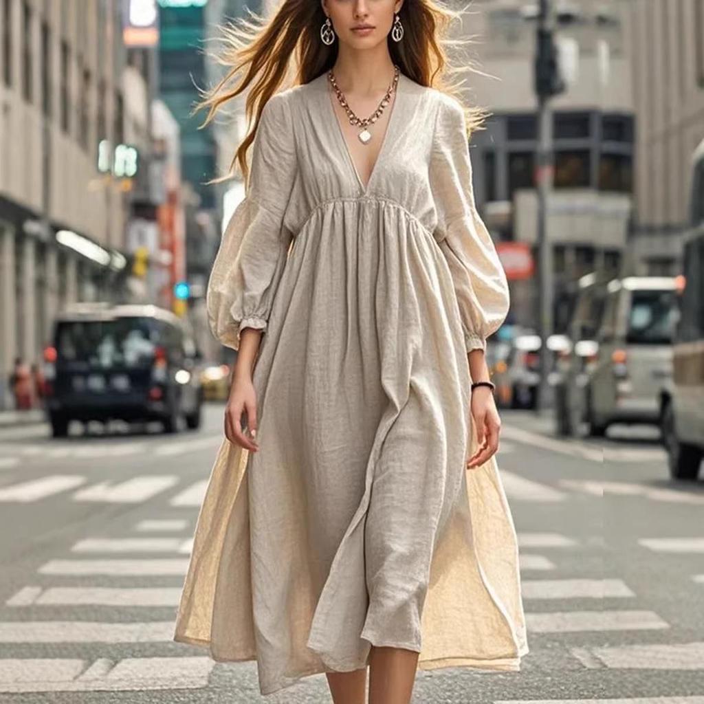 European & American Spring/Summer Women's Casual Lantern Sleeve Maxi Dress