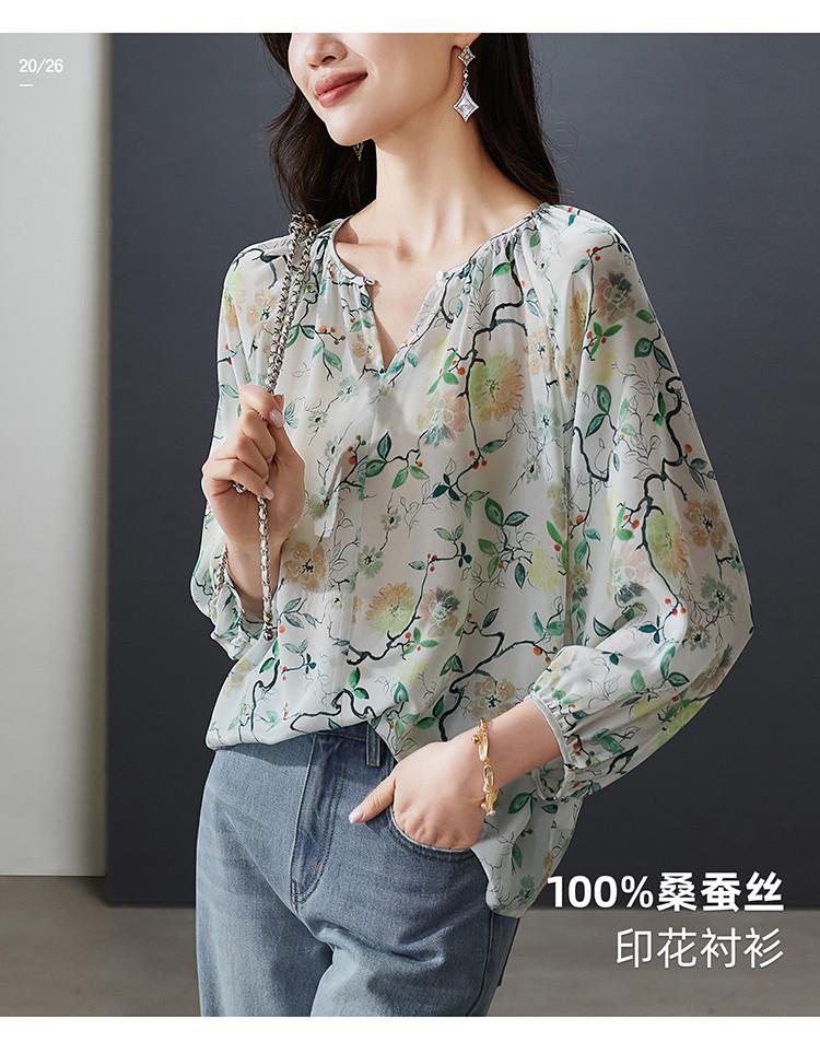 100% mulberry silk printed shirt for women's 2026 spring fashion versatile round neck silk top