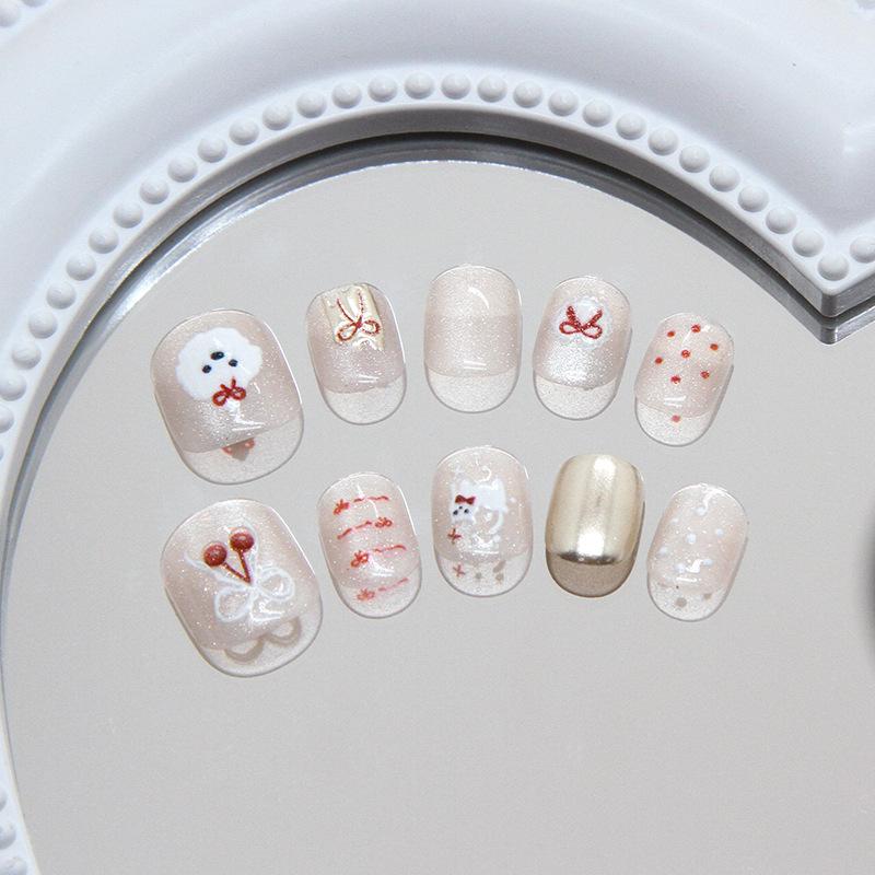 Fine flash cat eye three-dimensional cute bow tie cat polka dot cherry bow girl ins wind fake nails children wear