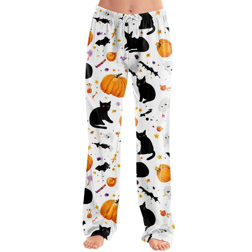 Women's Halloween Print Drawstring Pants, Casual Long Pants for Sleepwear or Daily