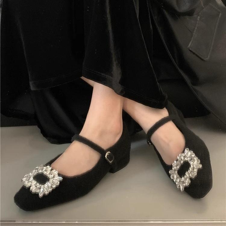 French fluffy shoes thick heel rhinestone single shoes women's 2025 autumn and winter new one-word buckle square head velvet Mary Jane cotton shoes