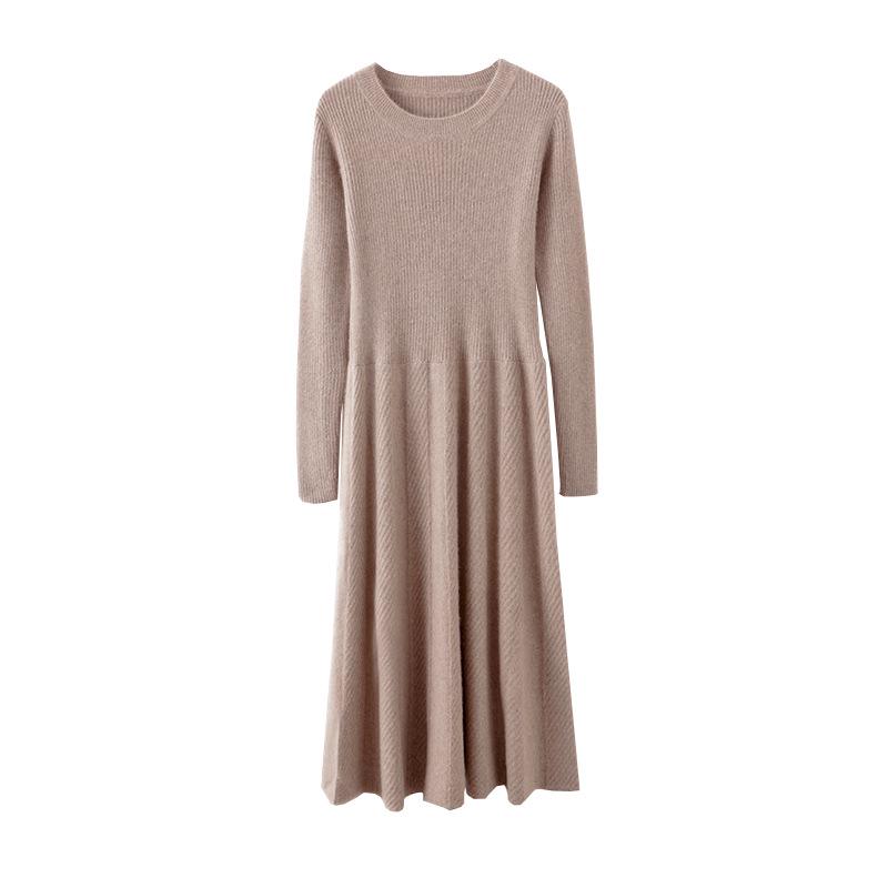 Women's Autumn Loose Merino Wool Crew Neck Sweater Dress Over-the-Knee