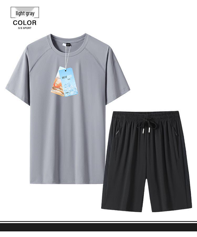 Men's Summer Ice Silk Sports Suit - Casual Two-piece Short Sleeve T-shirt & Shorts Set for All Ages.