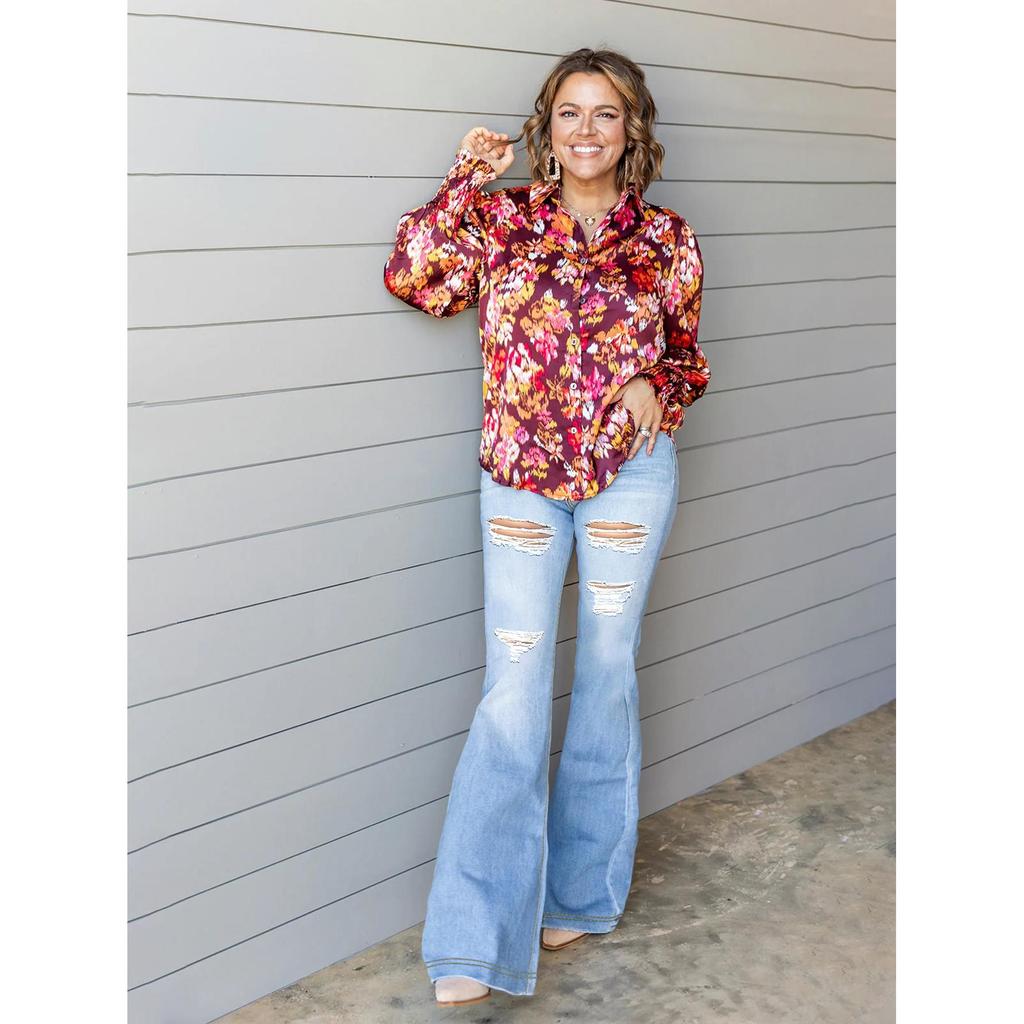 Neuer Eingang Vier Jahreszeiten Sehr Dehnbar Damen Zerrissen Schlaghose Denim Jeans Hoher Bund Elegant Knopf Dame Lange Denim Hose