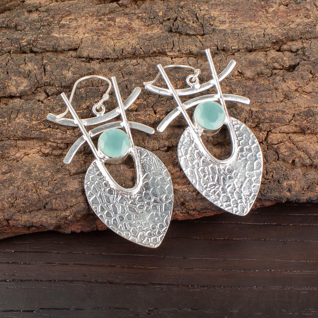 Aqua Chalcedony Gemstone 925 Sterling Silver Handmade Earrings 1.78" For Women EE-64-39