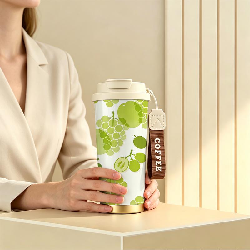 Coffee Mug 532ml Green Grape Branch Motif Outdoor Travel Thermos Stainless Steel Coffee Thermos Commuter Coffee Cup Leakproof Flip Car Cup Coffee Mug 532ml