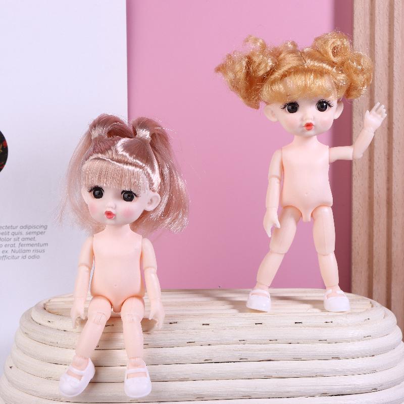 1 Set Nude Doll 3D Simulation Eyes 13 Joint Black Long Hair 1/8 17Cm Doll Plastic Doll Head Toys With Gold Brown Hair Kids Gift