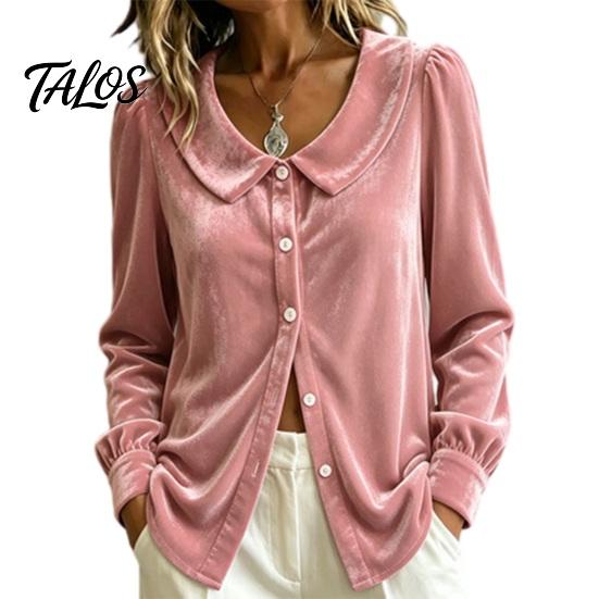 Lightweight Women Shirt Fall Winter Velvet Shirt, Regular Fit Button Down Long Sleeve Shirts Top, Soft Solid Color Lapel Collar Blouse for Lady